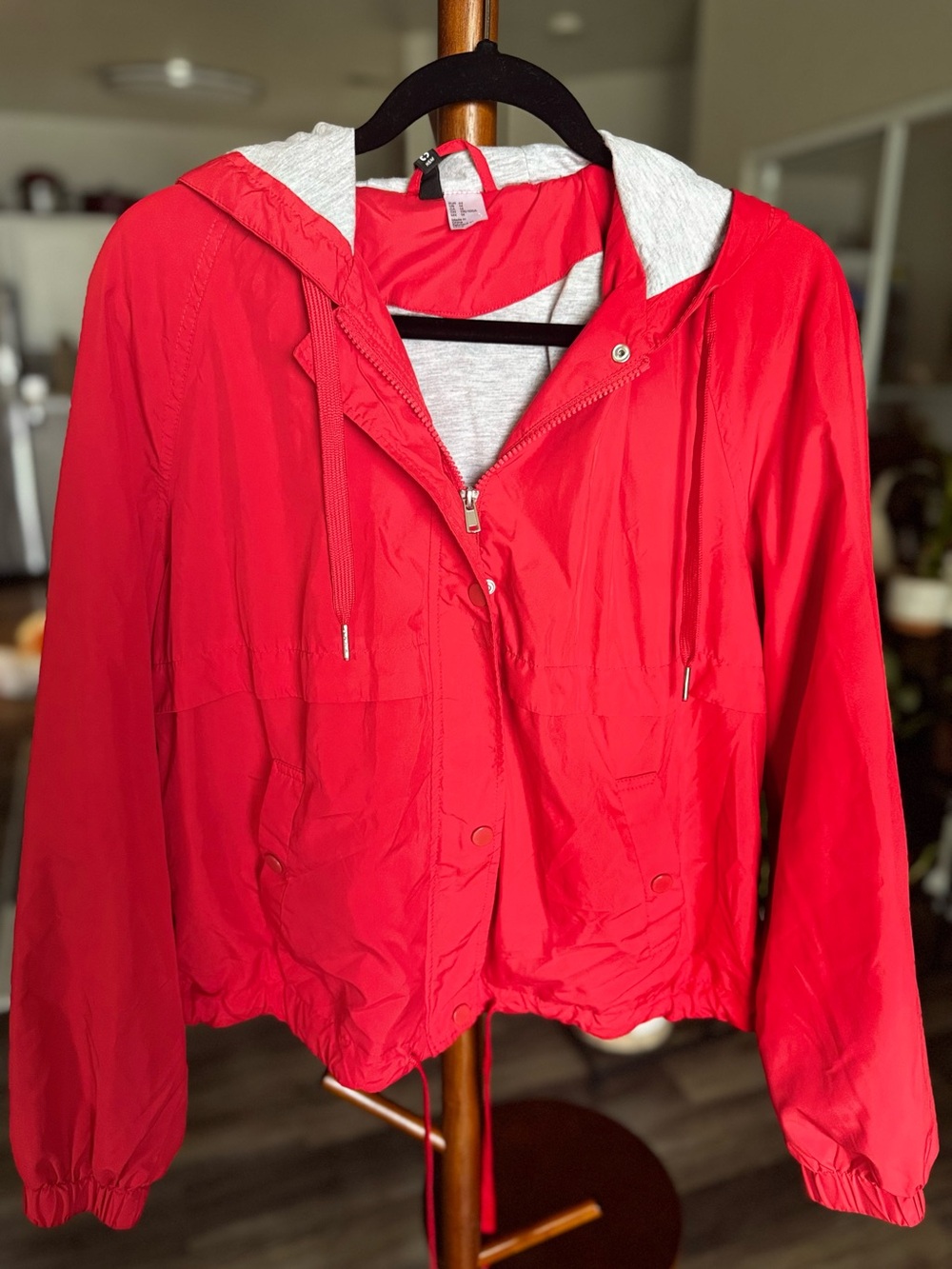 H&M Red Hooded Bomber Jacket with Light Gray Lining